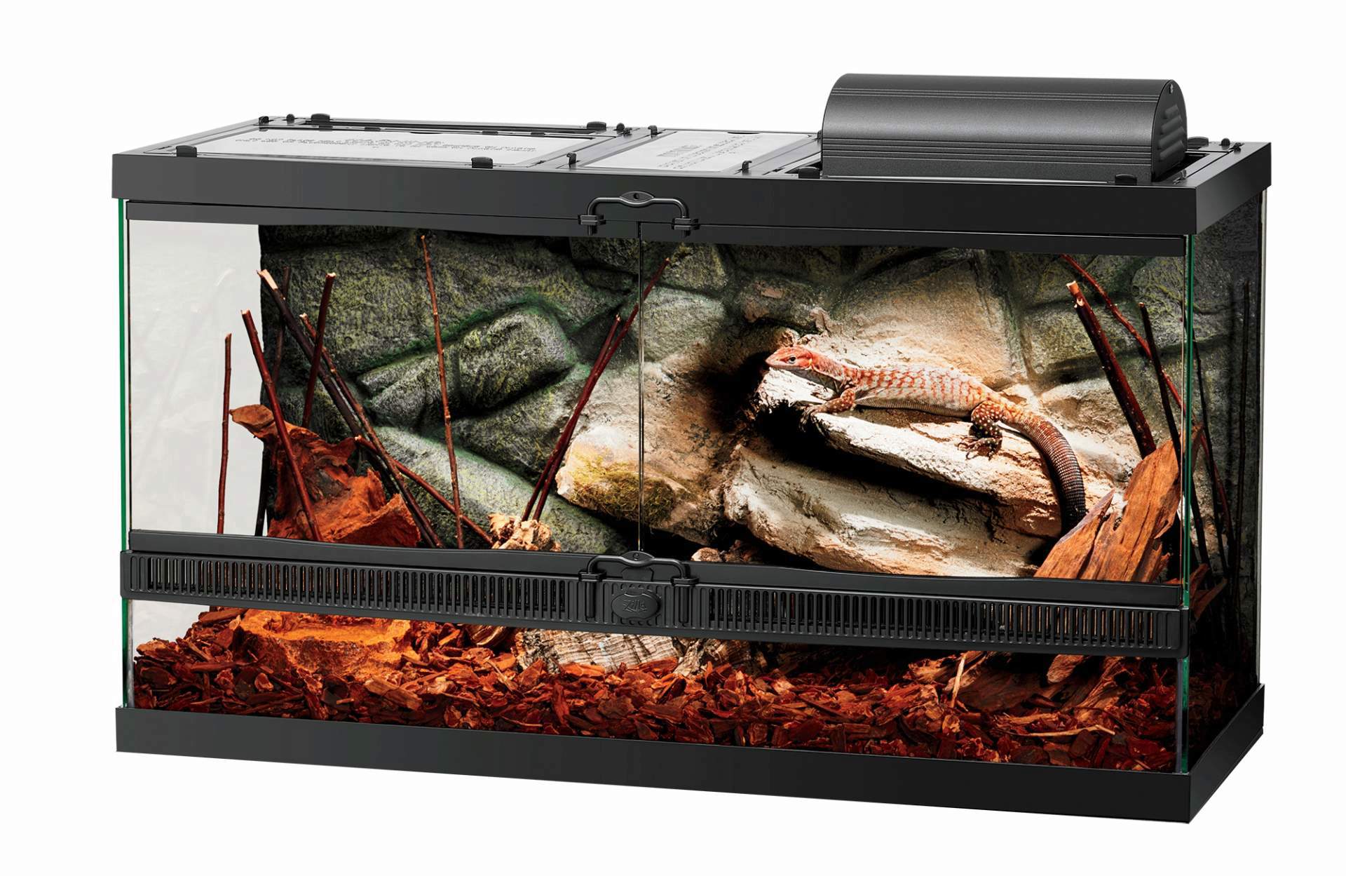 zilla reptile cage front opening terrarium with lizard inside basking under light